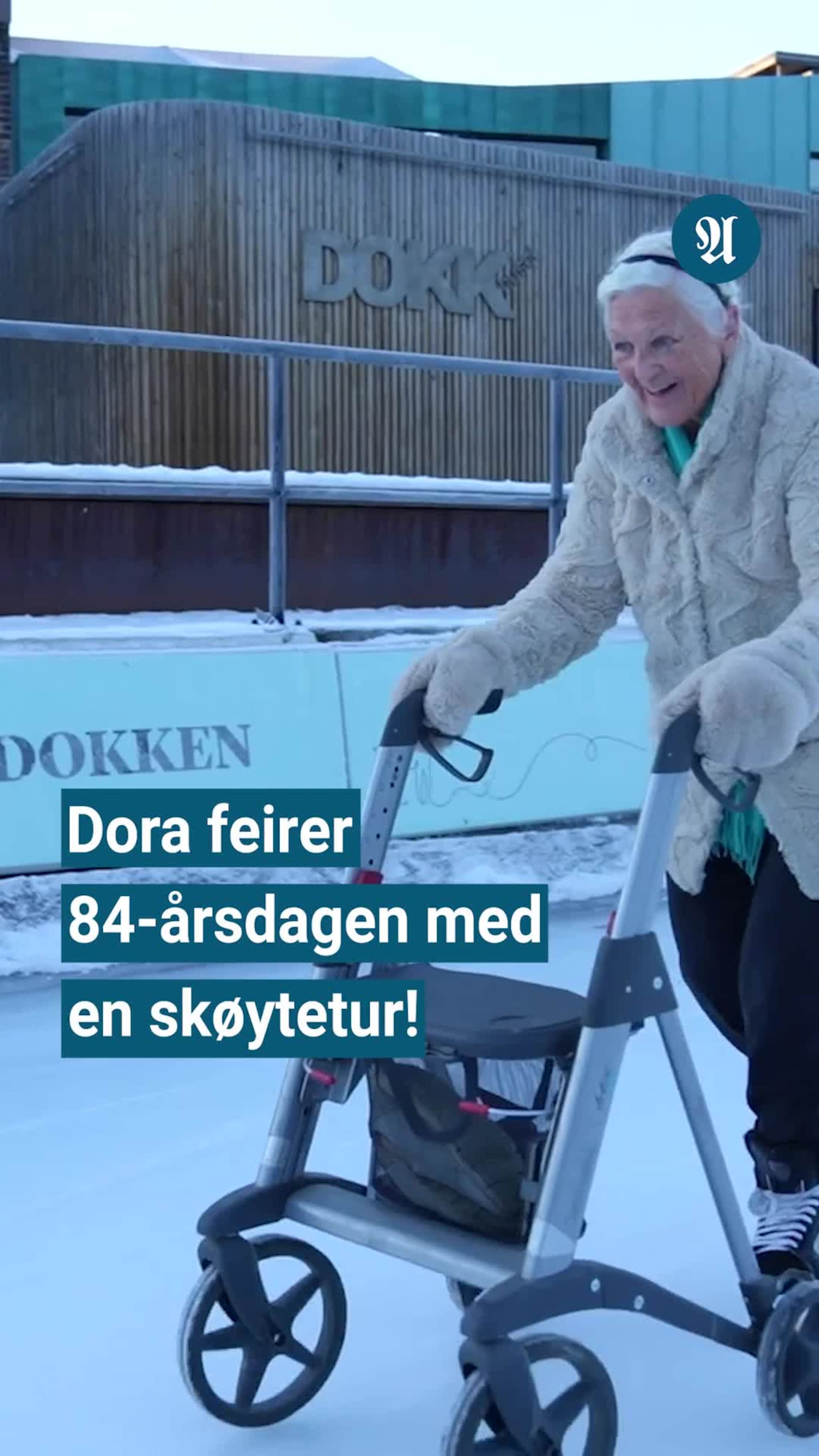 Dora (84) med hockeyskøyter og rullator