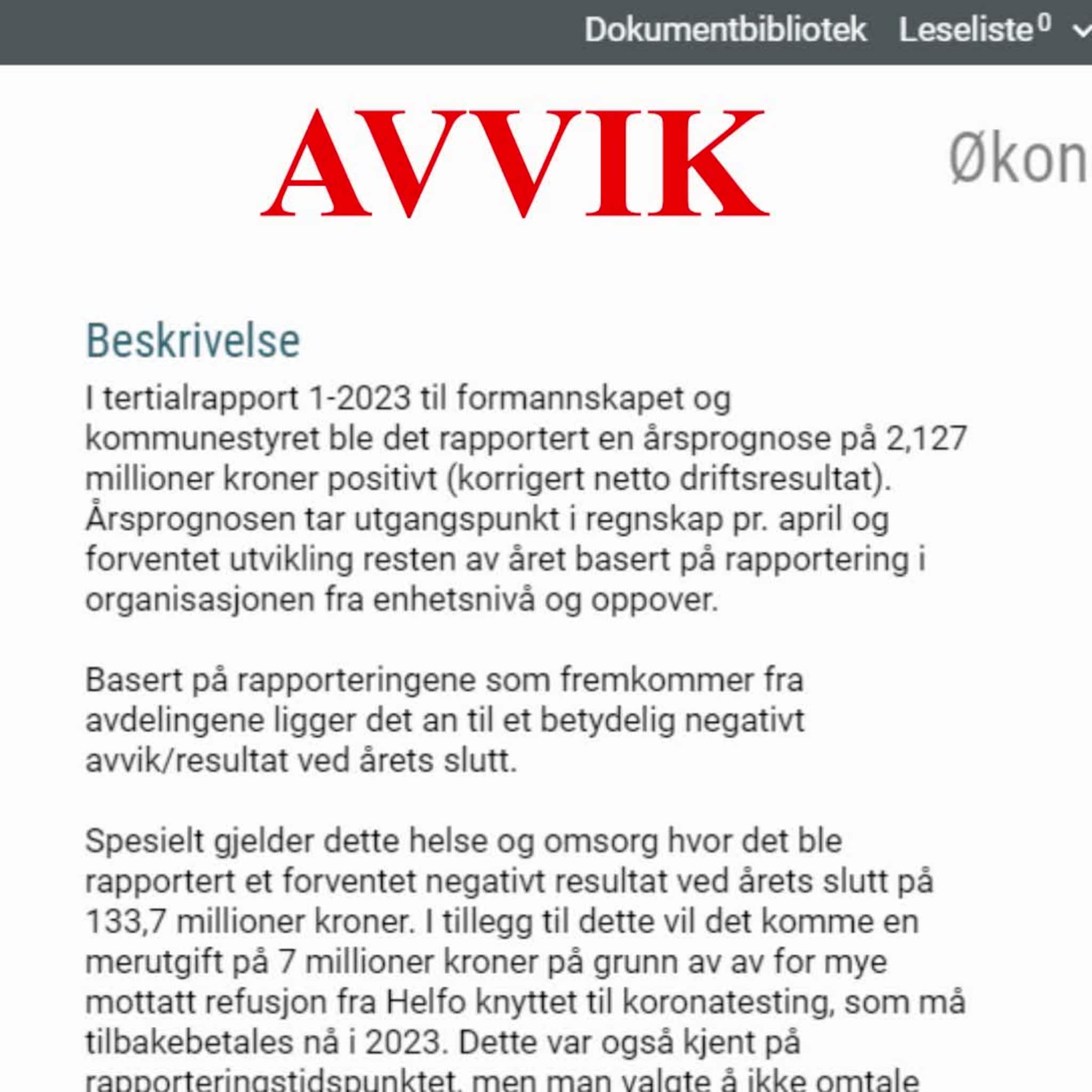 Avviksmelding om økonomisk underskudd